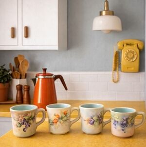 Genuine Taylor Mugs made USA Floral Fruit Designs Blue Inside Set Of 4 Vintage